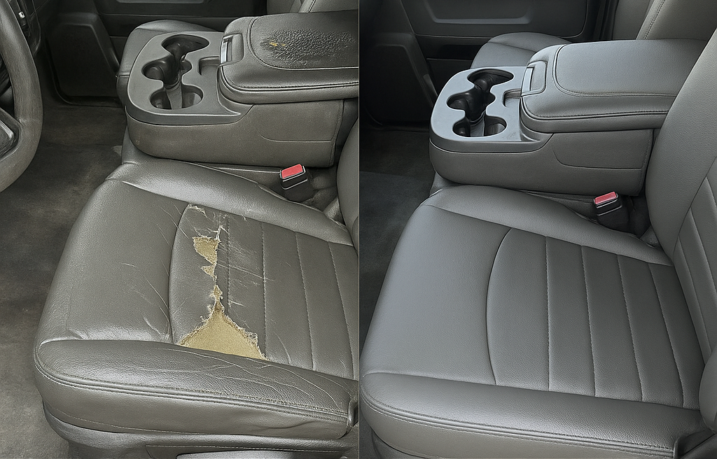 Before and after comparison of a car seat with visible wear and tear.